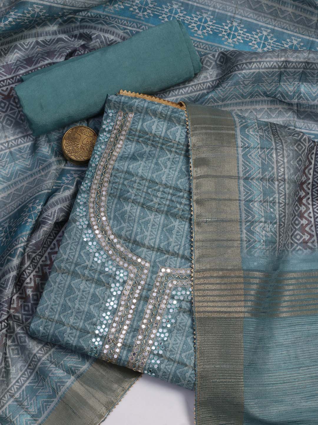 

Meena Bazaar Printed Art Silk Unstitched Dress Material, Blue
