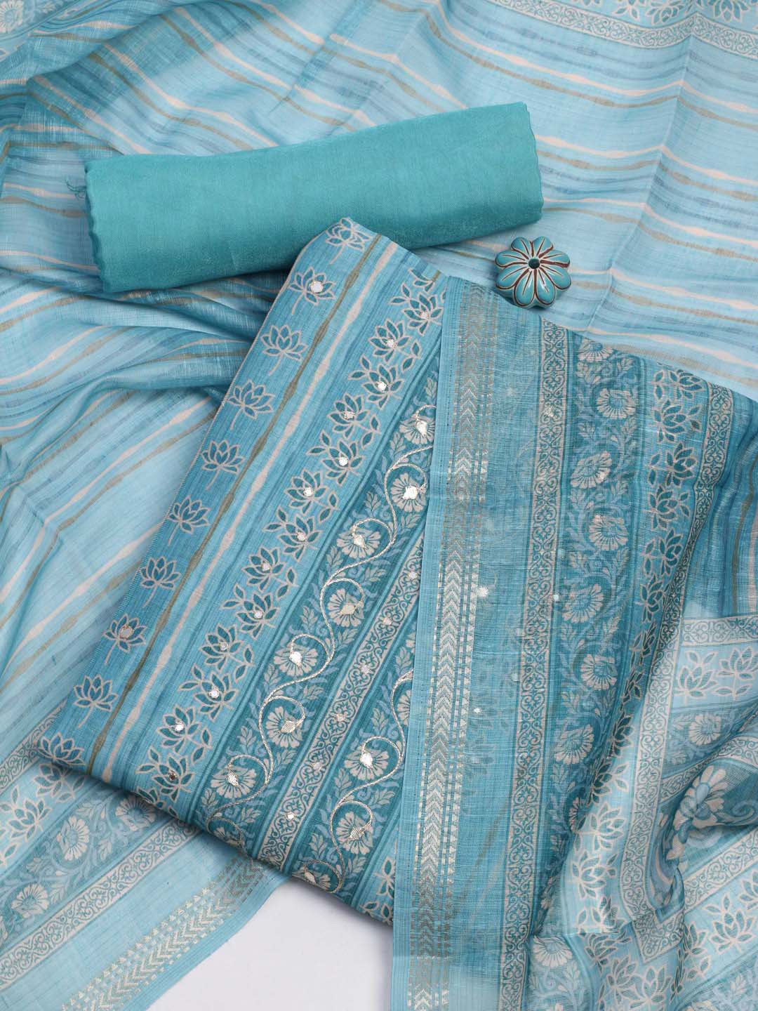 

Meena Bazaar Ethnic Motif Printed Unstitched Dress Material, Blue