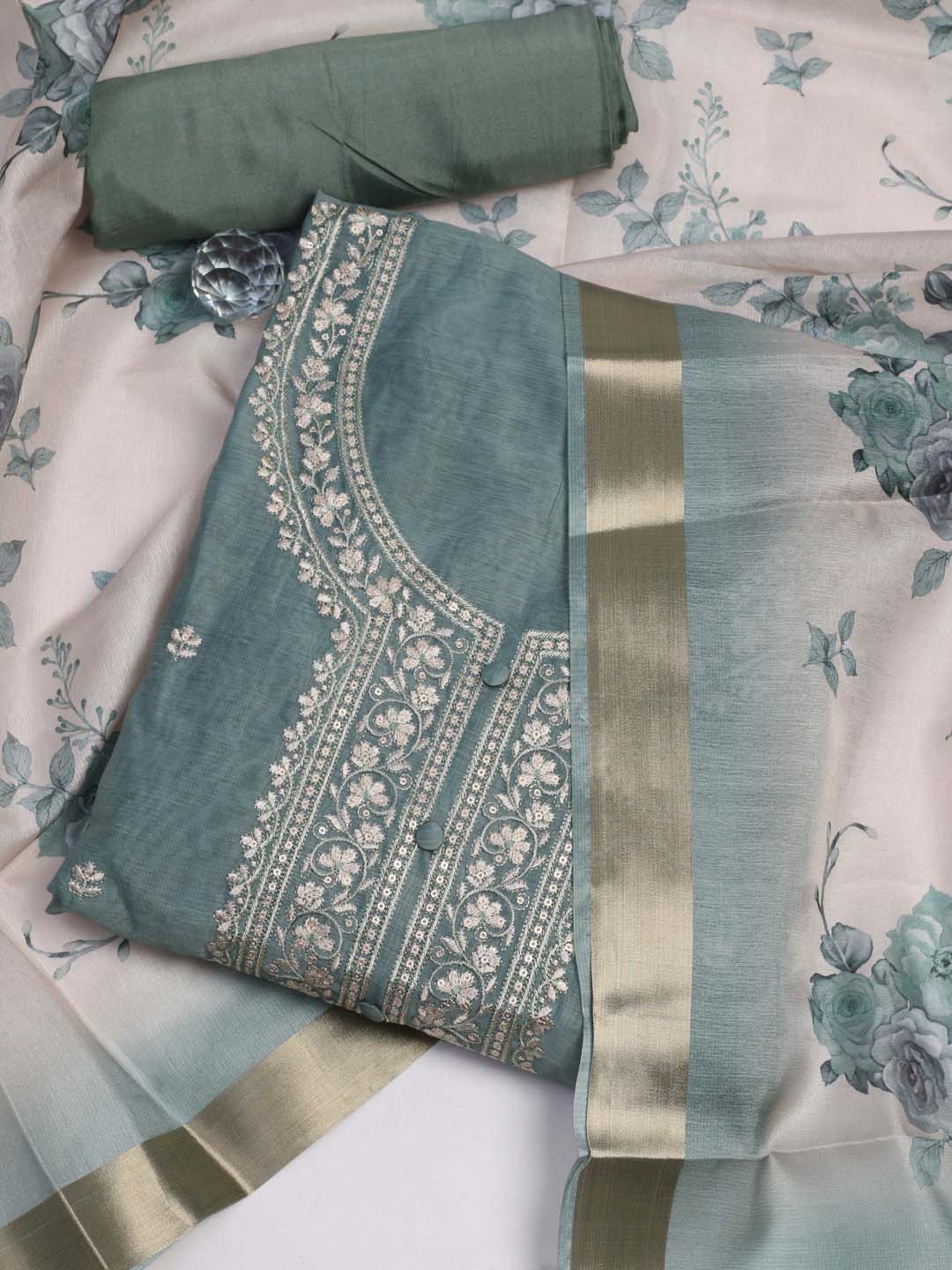 

Meena Bazaar Floral Embroidered Sequinned Organza Unstitched Dress Material, Grey