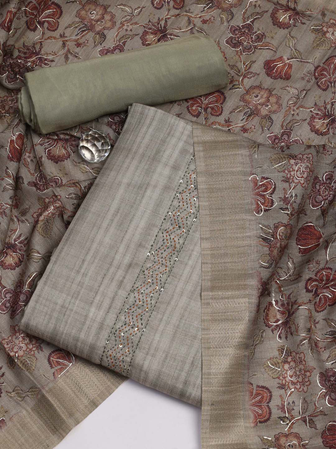 

Meena Bazaar Printed Sequinned Unstitched Dress Material, Grey