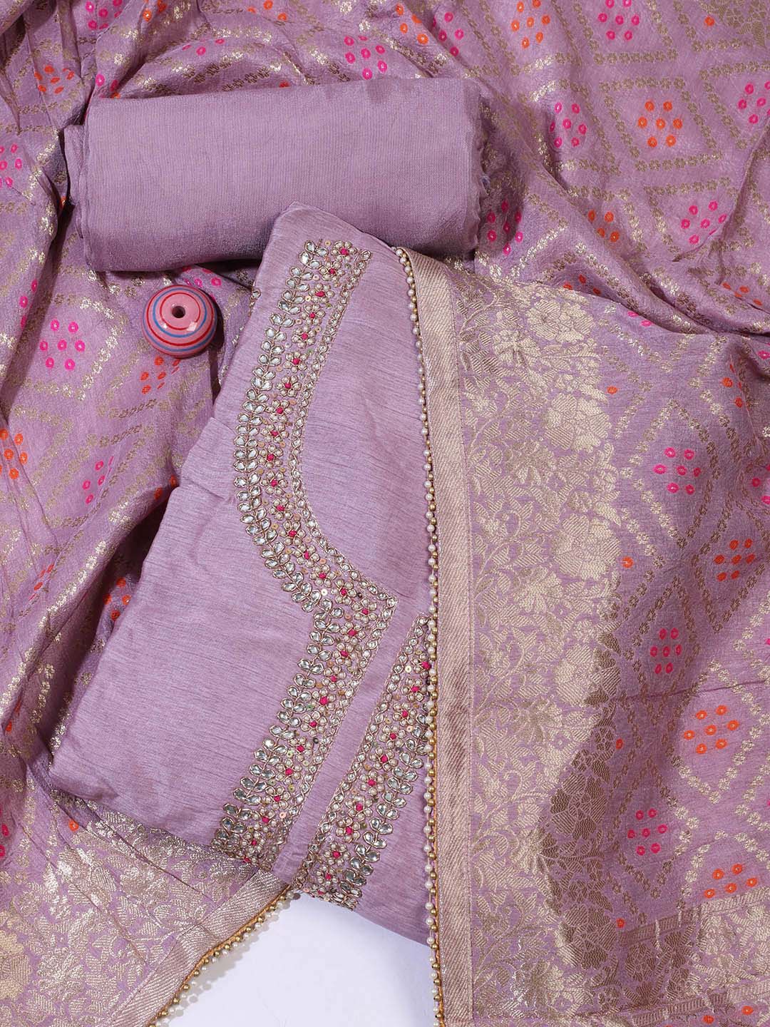 

Meena Bazaar Embellished Beads and Stones Unstitched Dress Material, Lavender