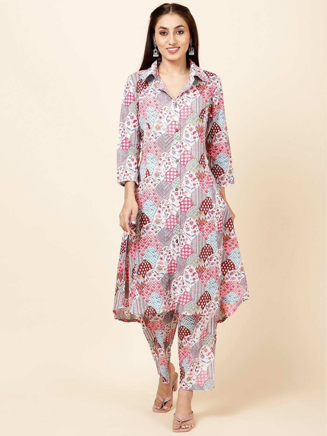 

Meena Bazaar Floral Printed A-Line Kurta With Trousers, White