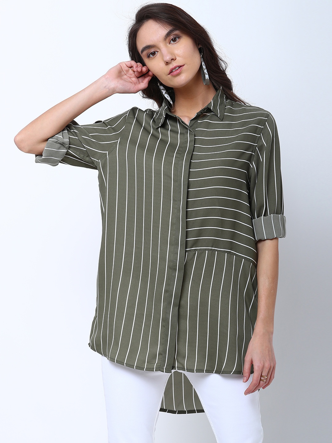 

Tokyo Talkies Women Olive Green Regular Fit Striped Casual Shirt