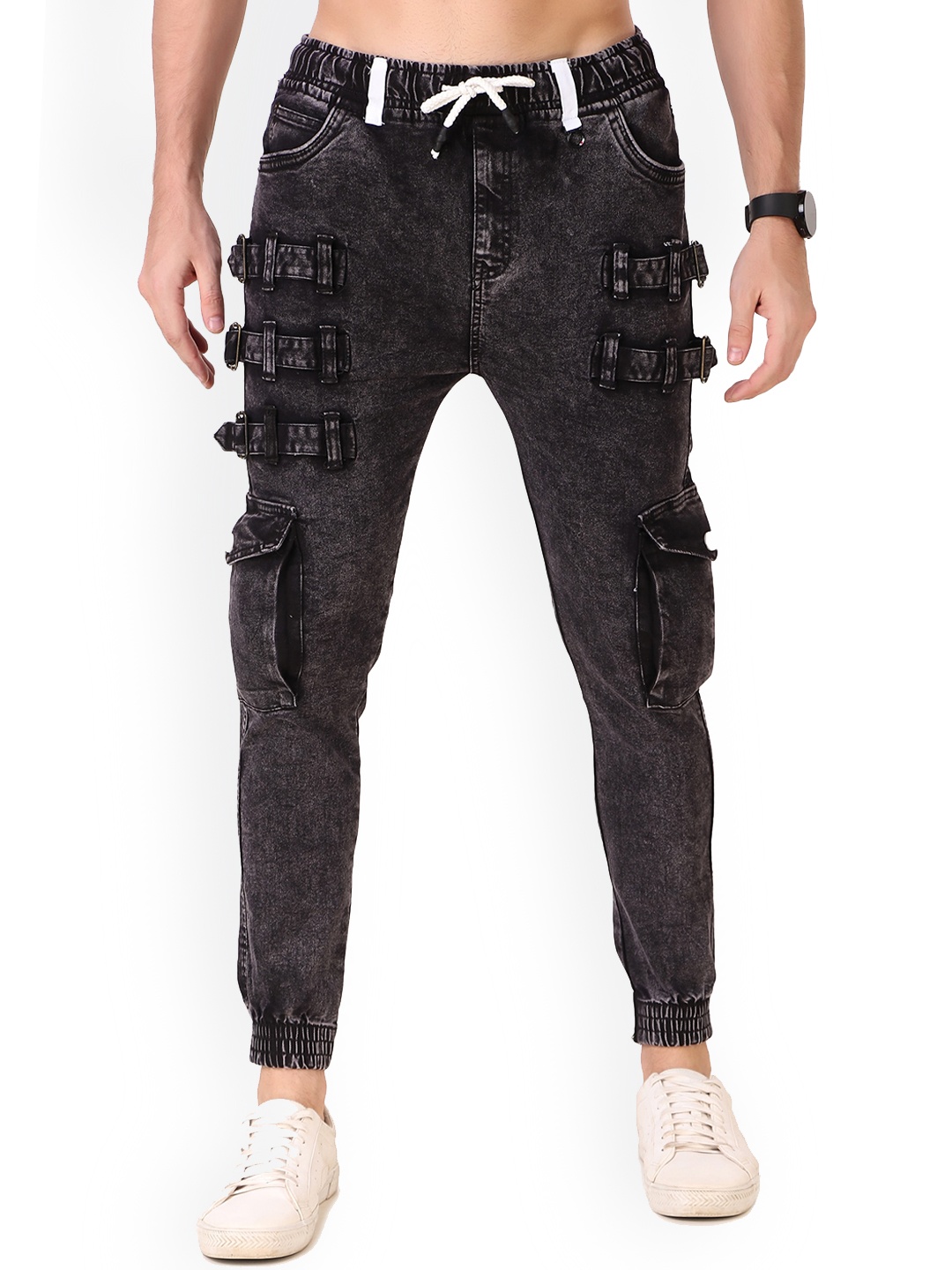 

PLUS 91 Men Comfort Mid-Rise Clean Look Stretchable Jogger Jeans, Black