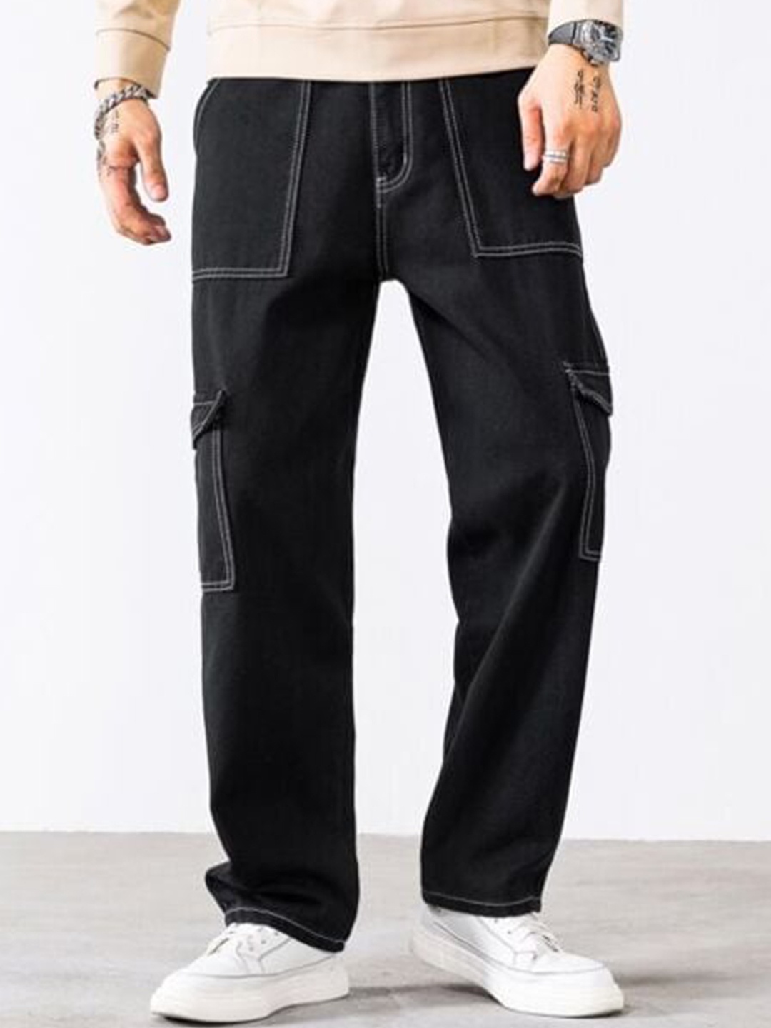 

PLUS 91 Men Comfort Mid-Rise Stretchable Cargo Jeans, Black