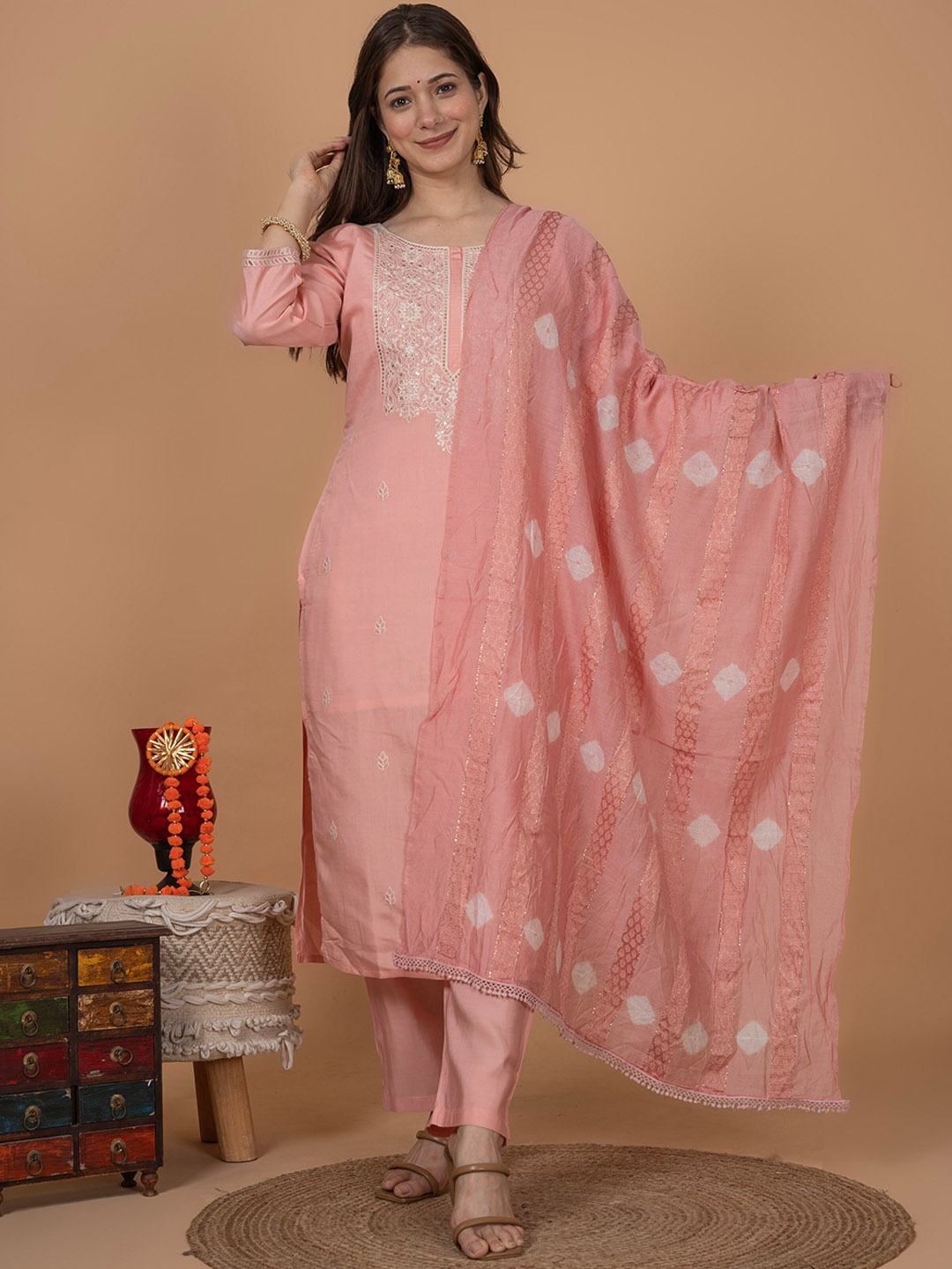 

MissKurti Ethnic Motifs Yoke Design Thread Work Pure Silk Kurta With Trousers & Dupatta, Peach