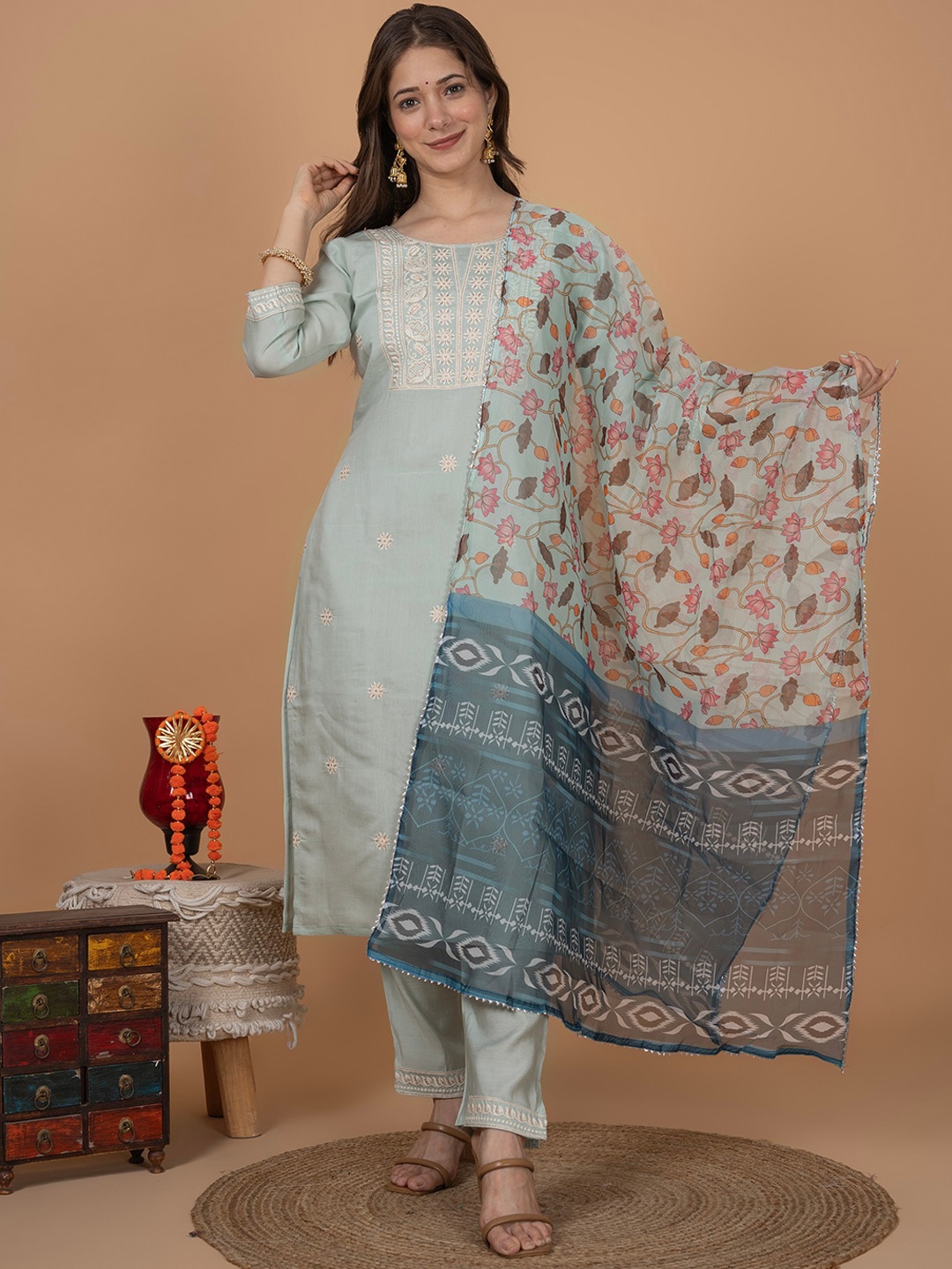 

MissKurti Ethnic Motifs Embroidered Pure Silk Kurta With Trousers & Dupatta, Sea green