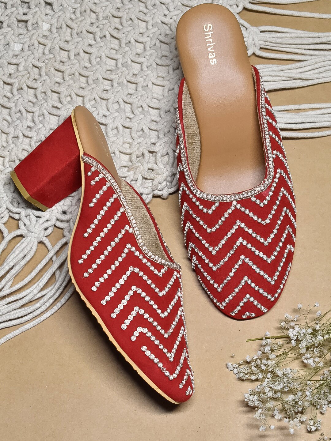 

SHRIVAS BY ARCHITA MEHTA Ethnic Embellished Suede Mules Block Heels, Red