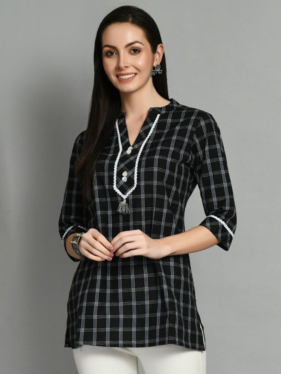 

DOISA Checked Mandarin Collar Cotton Tunic, Black