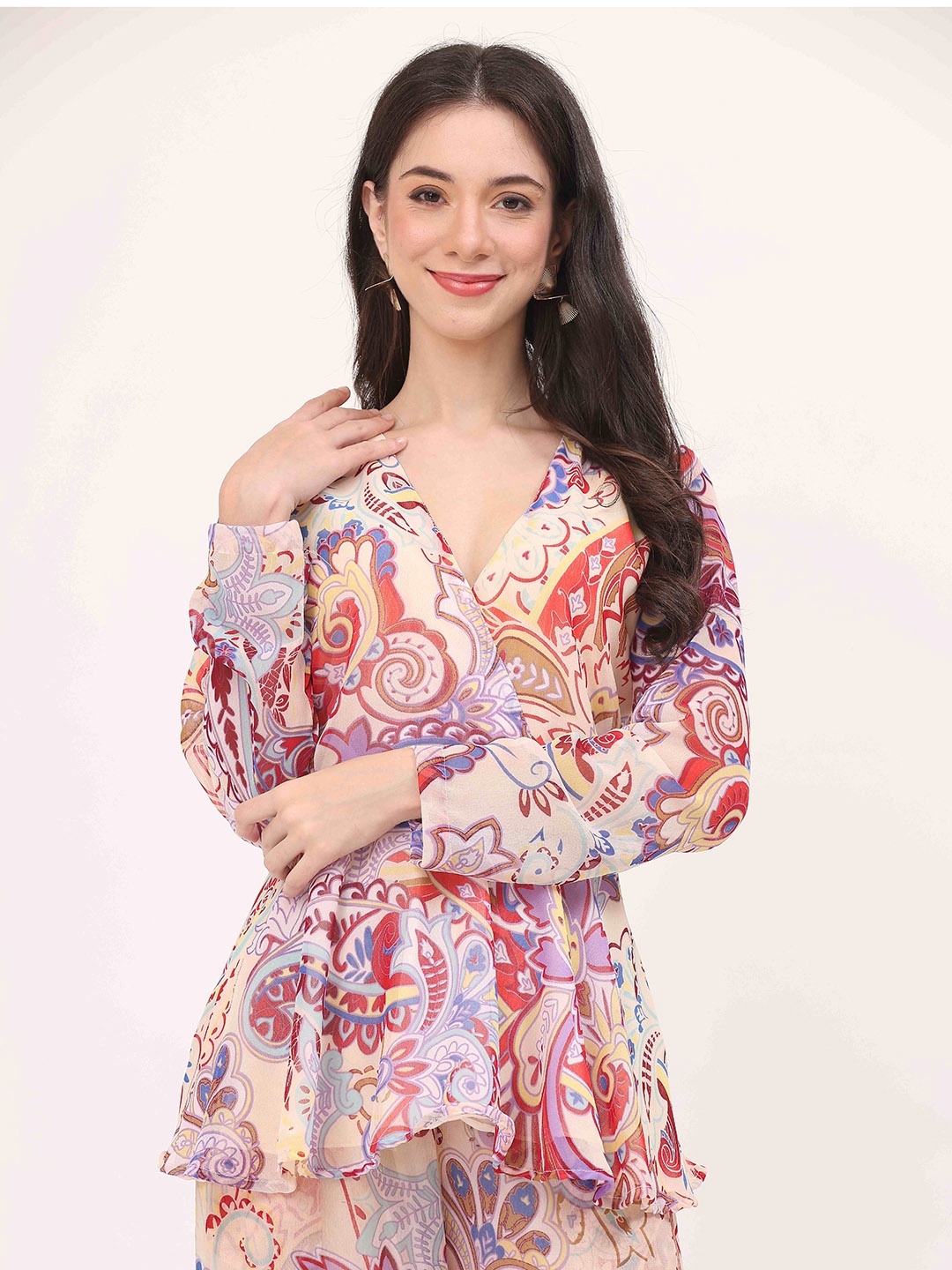 TSM Ethnic Motifs Printed Wrap Longline Top, Cream