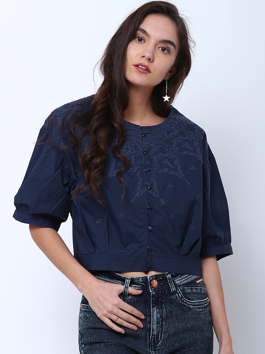 

Tokyo Talkies Women Blue Embroidered Crop Top