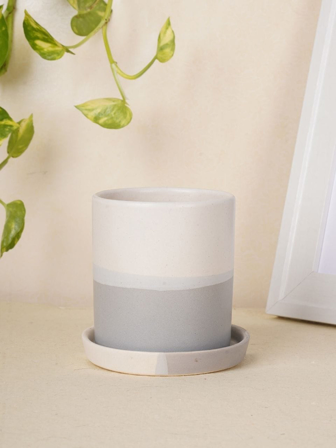 

ecofynd Grey & White Ceramic Planter Pot With Saucer Set