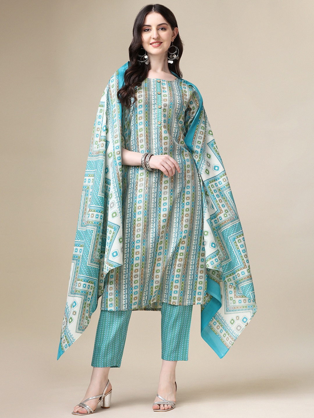 

KALINI Floral Printed Regular Pure Cotton Kurta With Trousers & Dupatta, Blue