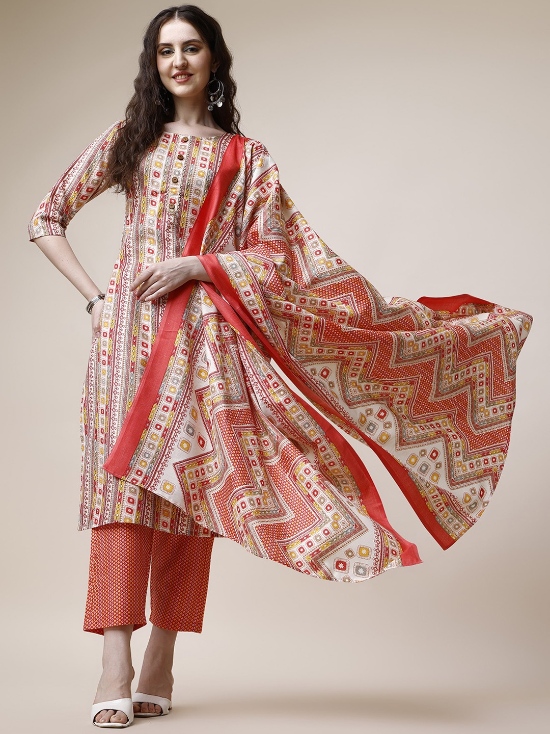 

KALINI Ethnic Motifs Printed Regular Pure Cotton Kurta With Trousers & Dupatta, Orange