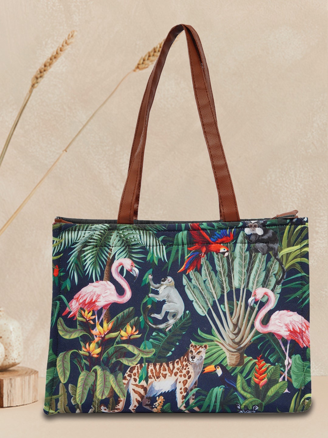 

Mast & Harbour Floral Printed Structured Tote Bag with Tasselled, Green