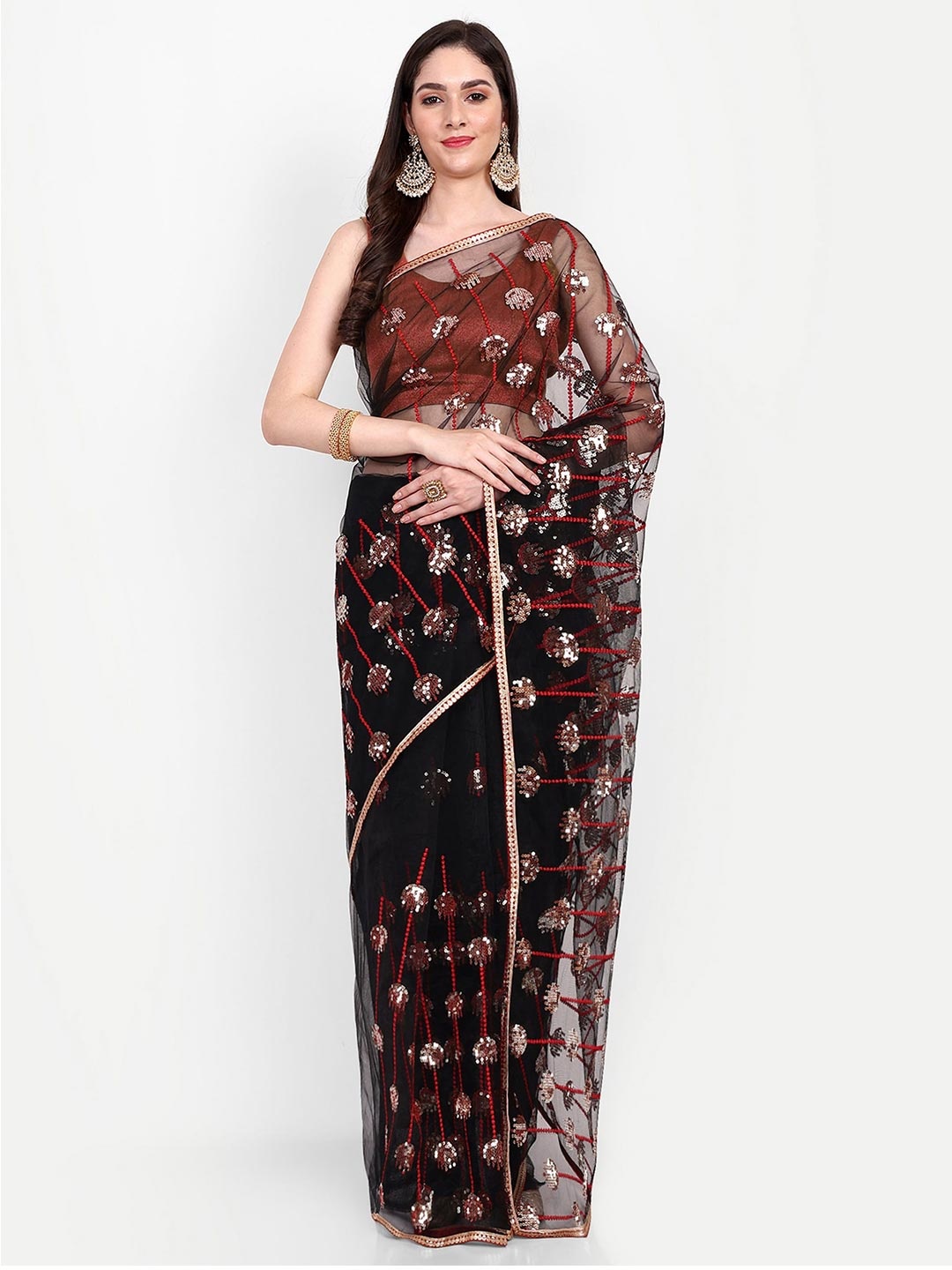 

BARKIYA CREATION Embellished Sequinned Net Saree, Black