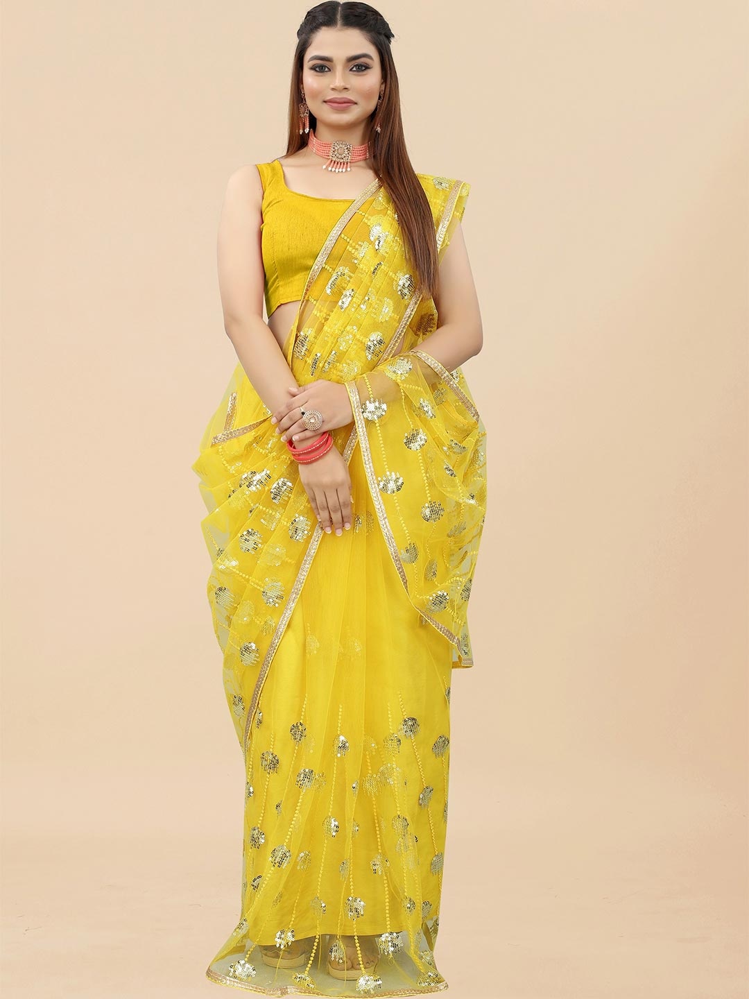 

BARKIYA CREATION Embellished Sequinned Net Saree, Yellow