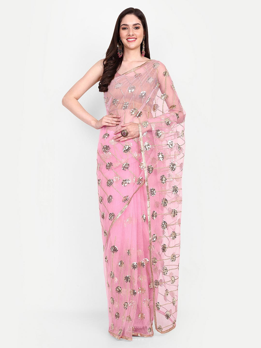 

BARKIYA CREATION Embellished Sequinned Net Saree, Pink