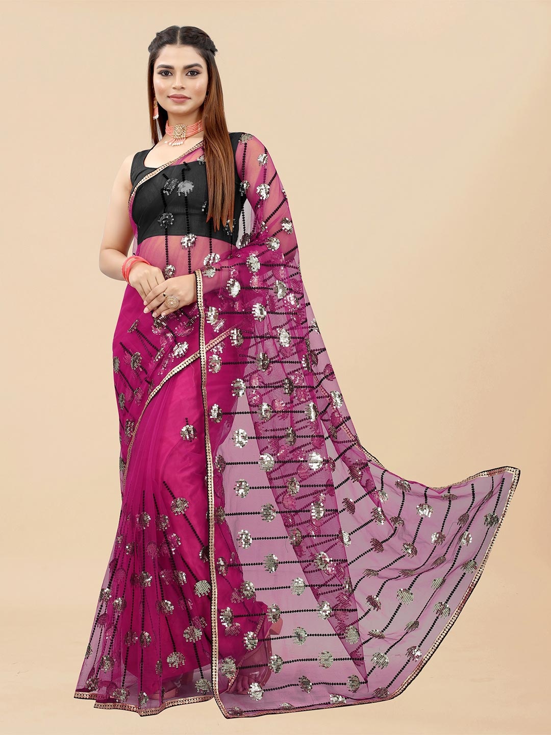 

BARKIYA CREATION Embellished Sequinned Net Saree, Pink