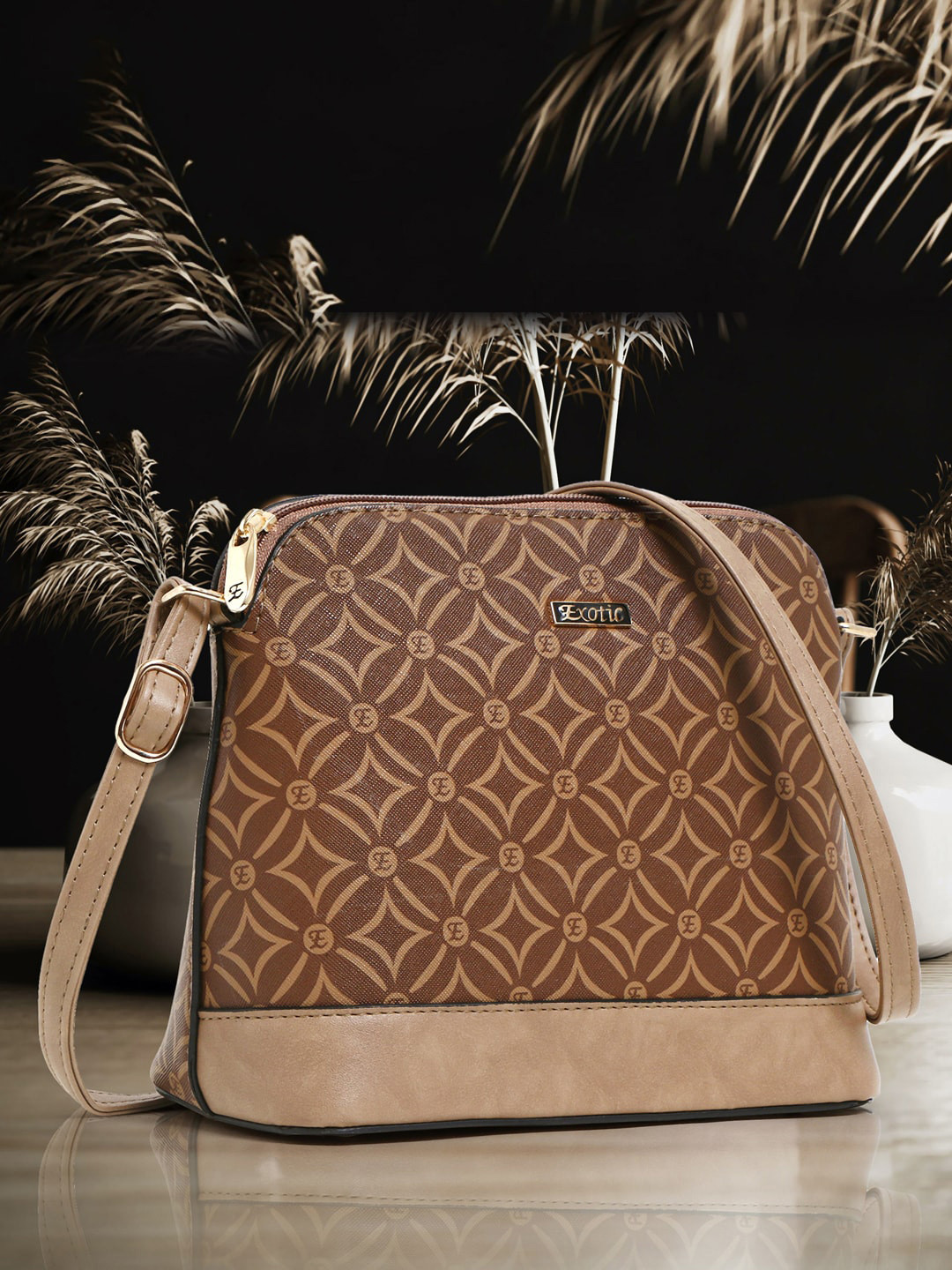 

Exotic Geometric Printed Structured Shoulder Bag, Brown