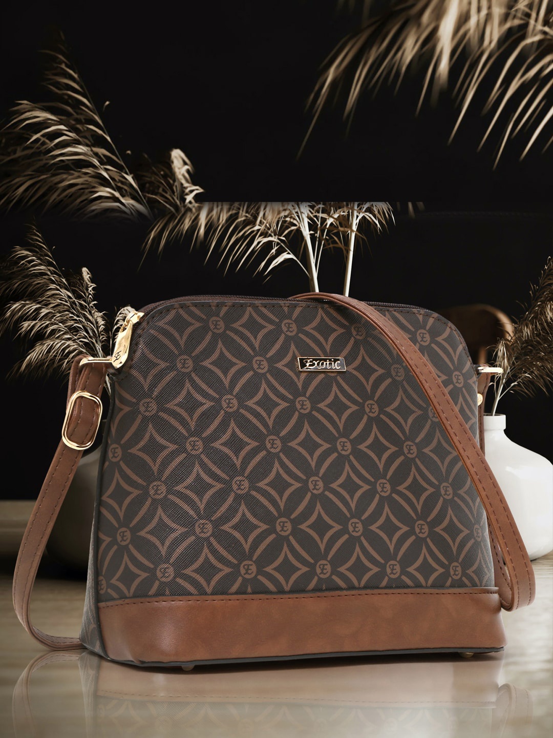 

Exotic Geometric Printed Structured Sling Bag, Brown