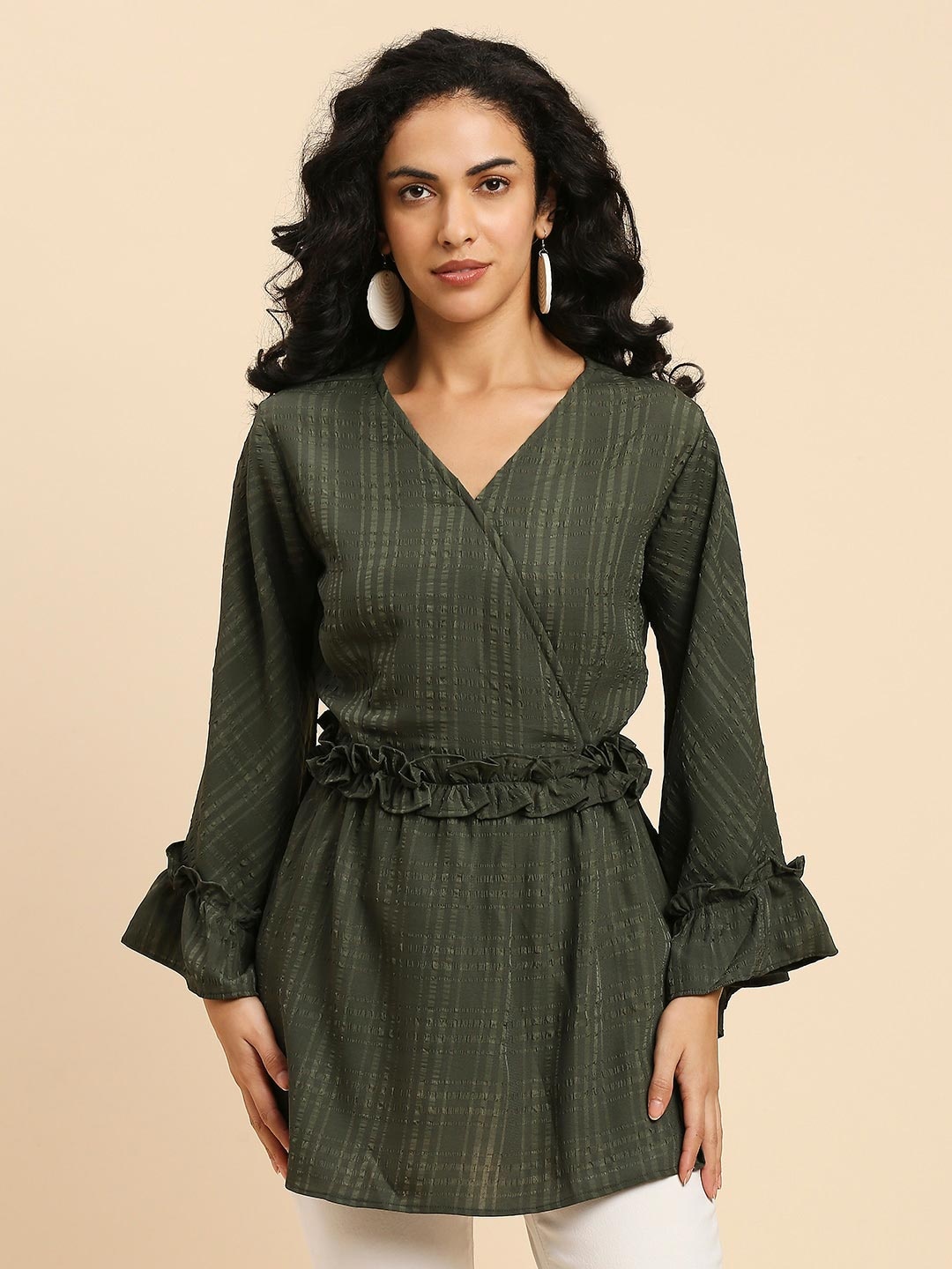 

GUFRINA Striped Bell Sleeve Ruffles Longline Wrap Top, Green