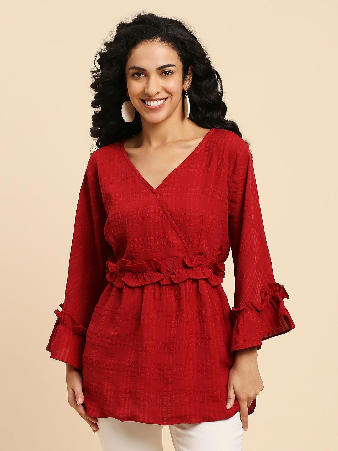 

GUFRINA Seld Design Bell Sleeves Ruffled Wrap Longline Top, Red