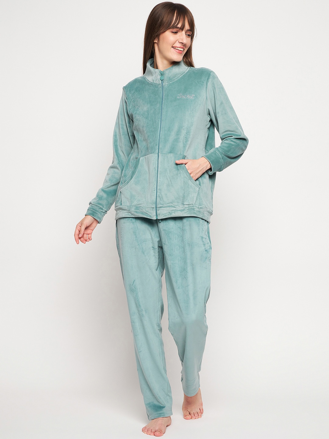 

MADAME M SECRET High Neck Long Sleeves Night suit, Green