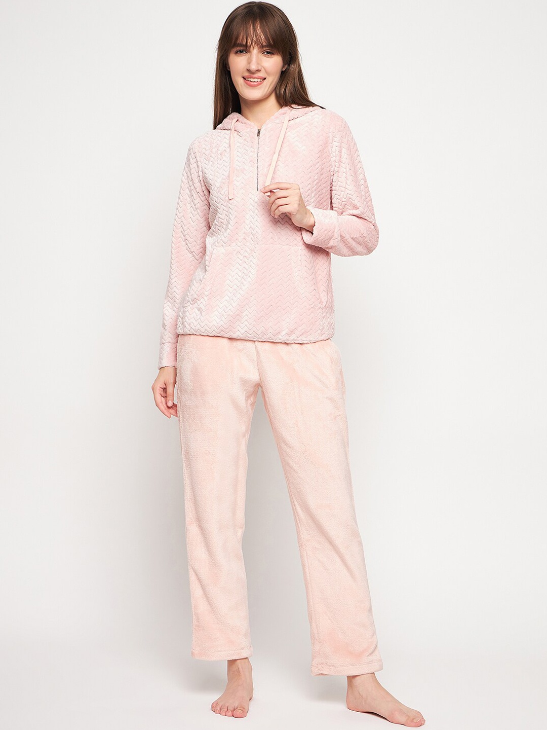 

MADAME M SECRET Hooded Long Sleeves Night suit, Peach