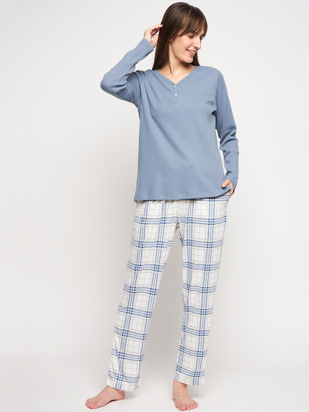 

MADAME M SECRET V-Neck Checked Night suit, Grey