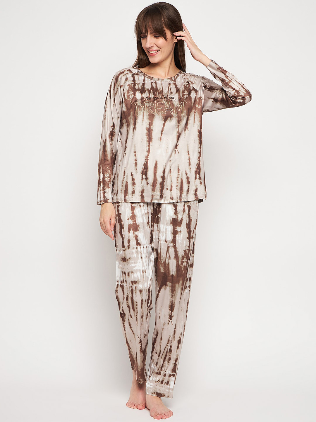 

MADAME M SECRET Tie and Dye Printed Night suit, Brown