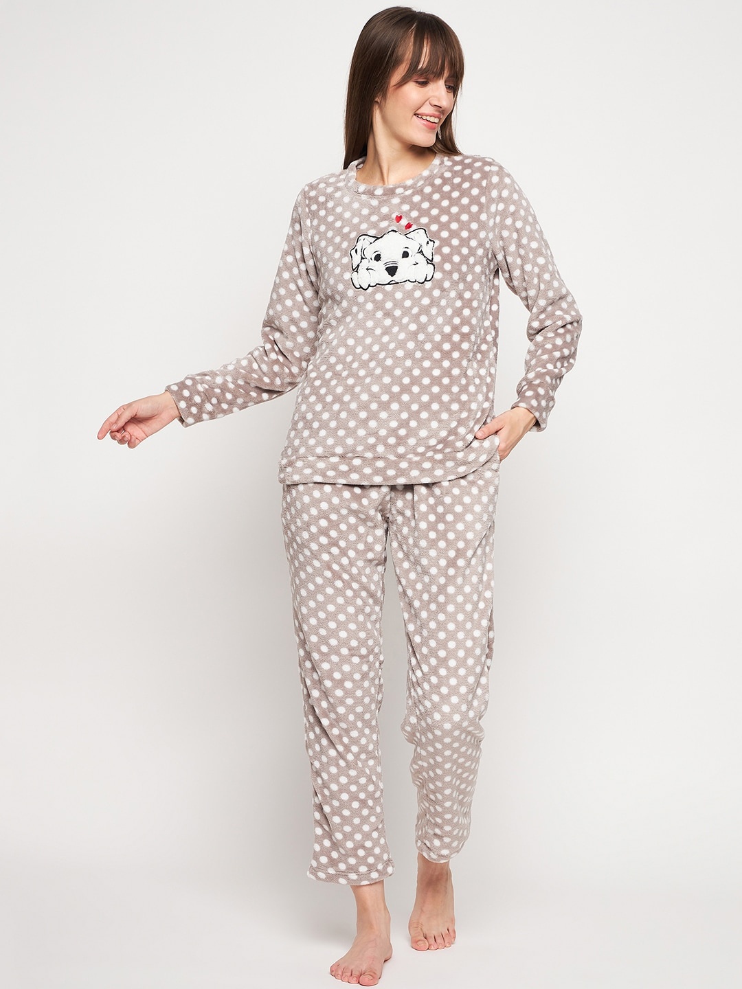 

MADAME M SECRET Polka Dots Printed Night suit, Brown