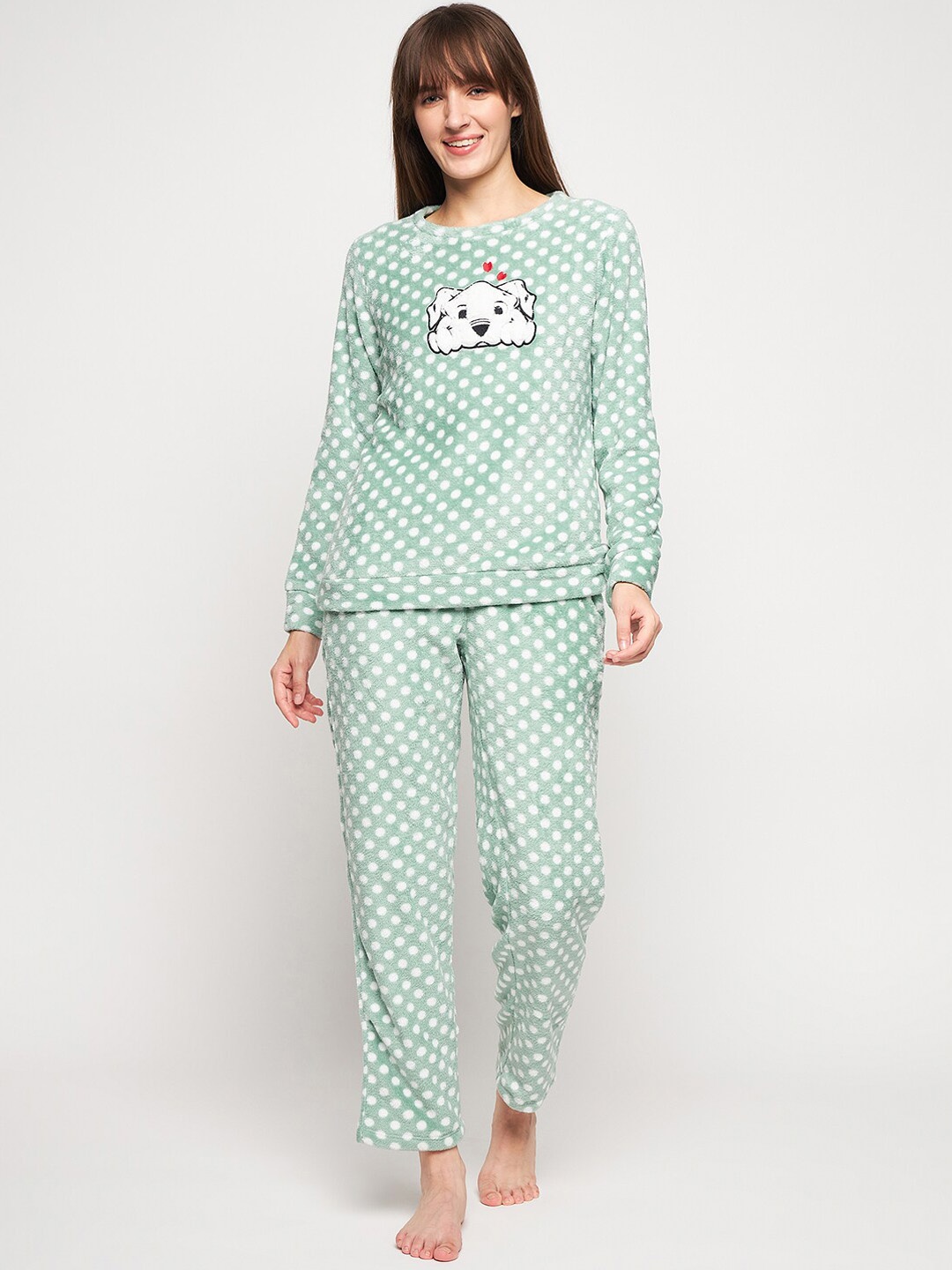 

MADAME M SECRET Polka Dot Printed Night Suit, Green