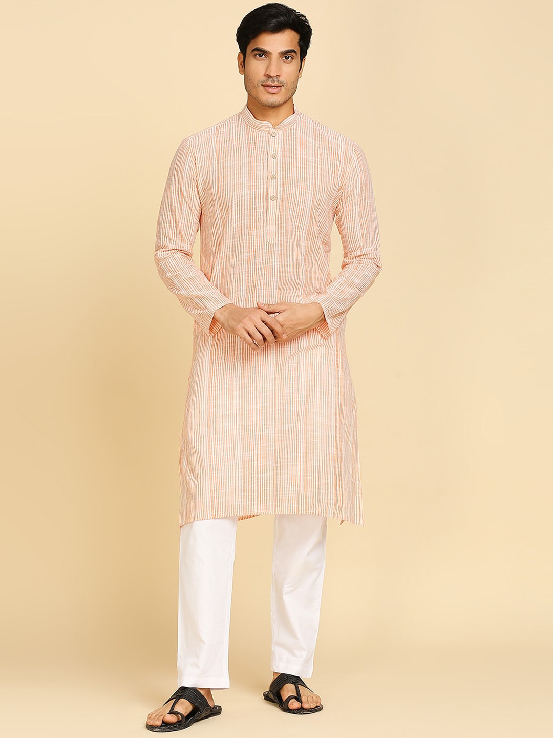 

RAJUBHAI HARGOVINDAS Striped Mandarin Collar Cotton Regular Kurtas, Orange