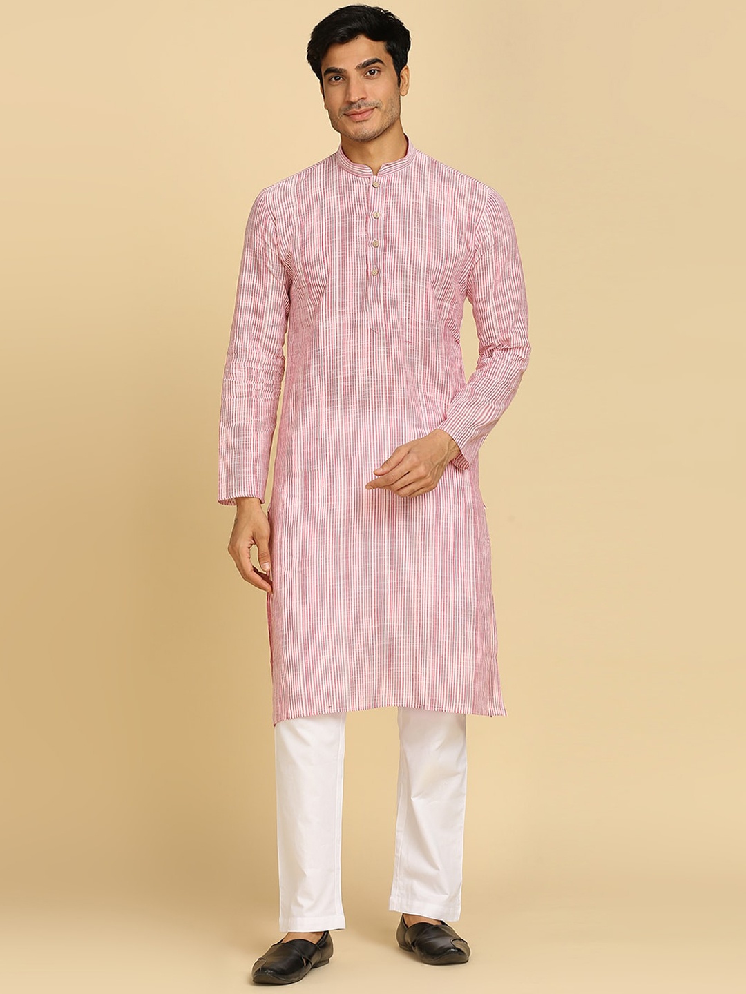 

RAJUBHAI HARGOVINDAS Striped Mandarin Collar Cotton Regular Kurtas, Purple