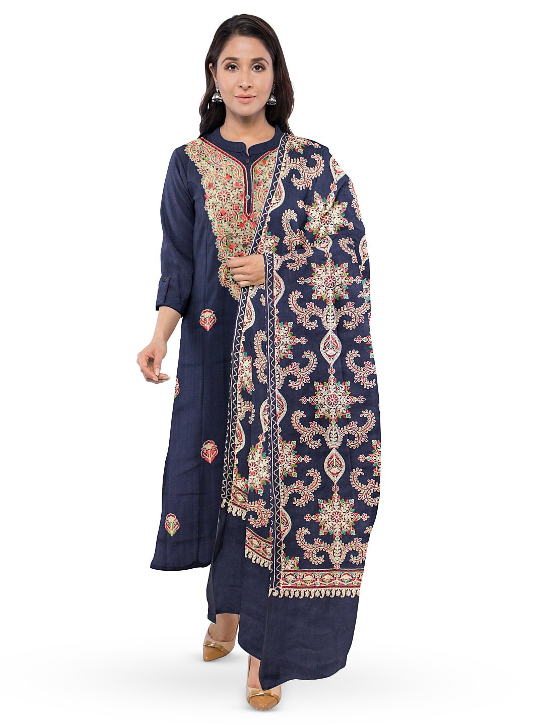 

CASMIR Ethnic Motifs Embroidered Unstitched Dress Material, Navy blue