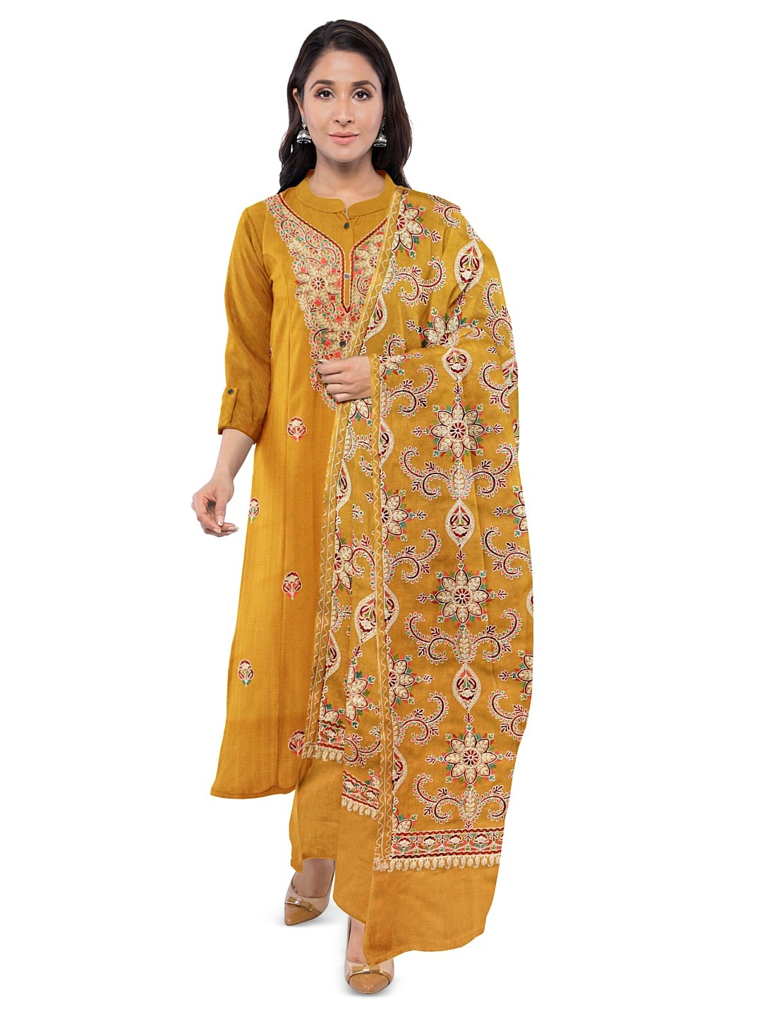 

CASMIR Ethnic Motifs Embroidered Unstitched Dress Material, Mustard