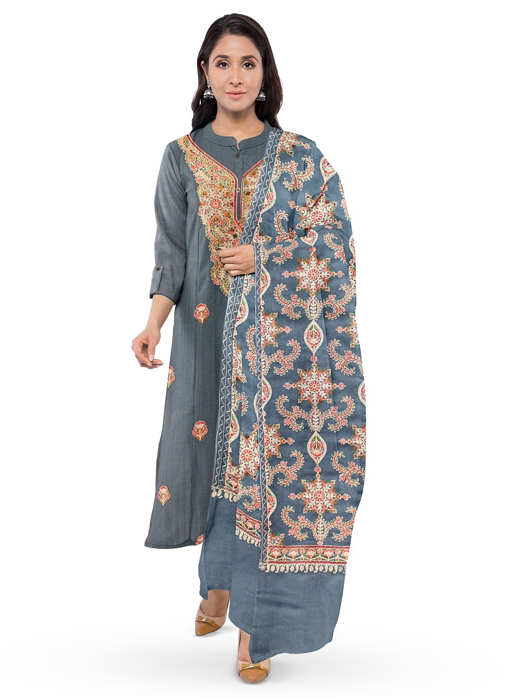 

CASMIR Ethnic Motifs Embroidered Unstitched Dress Material, Grey