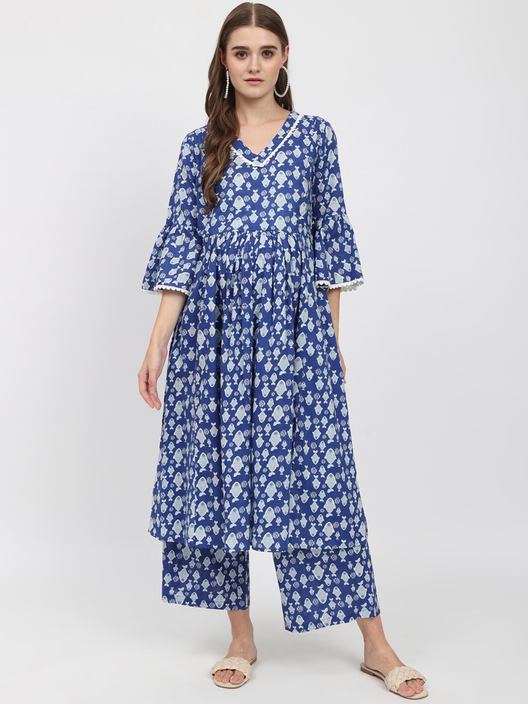 

Aujjessa Ethnic Motifs Printed Maternity A-Line Pure Cotton Kurta with Trousers, Blue