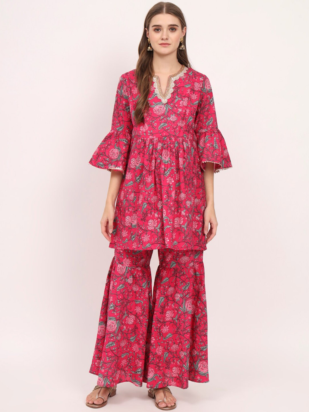

Aujjessa Floral Printed A-Line Gotta Patti Pure Cotton Kurti with Sharara, Magenta
