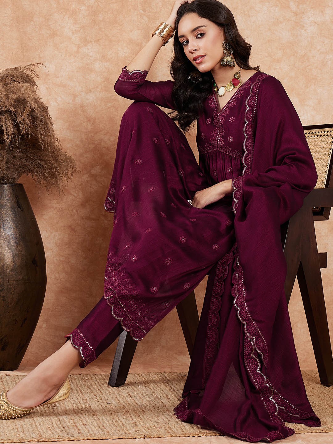 

Sangria Embroidered V-Neck A-Line Kurta With Trouser & Dupatta, Magenta