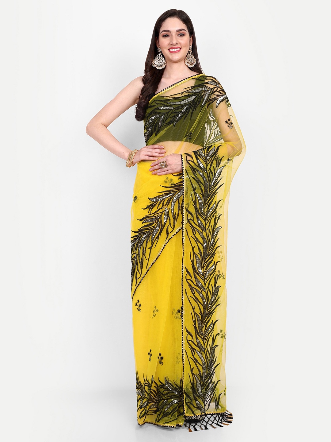 

BARKIYA CREATION Floral Embroidered Sequinned Net Saree, Yellow