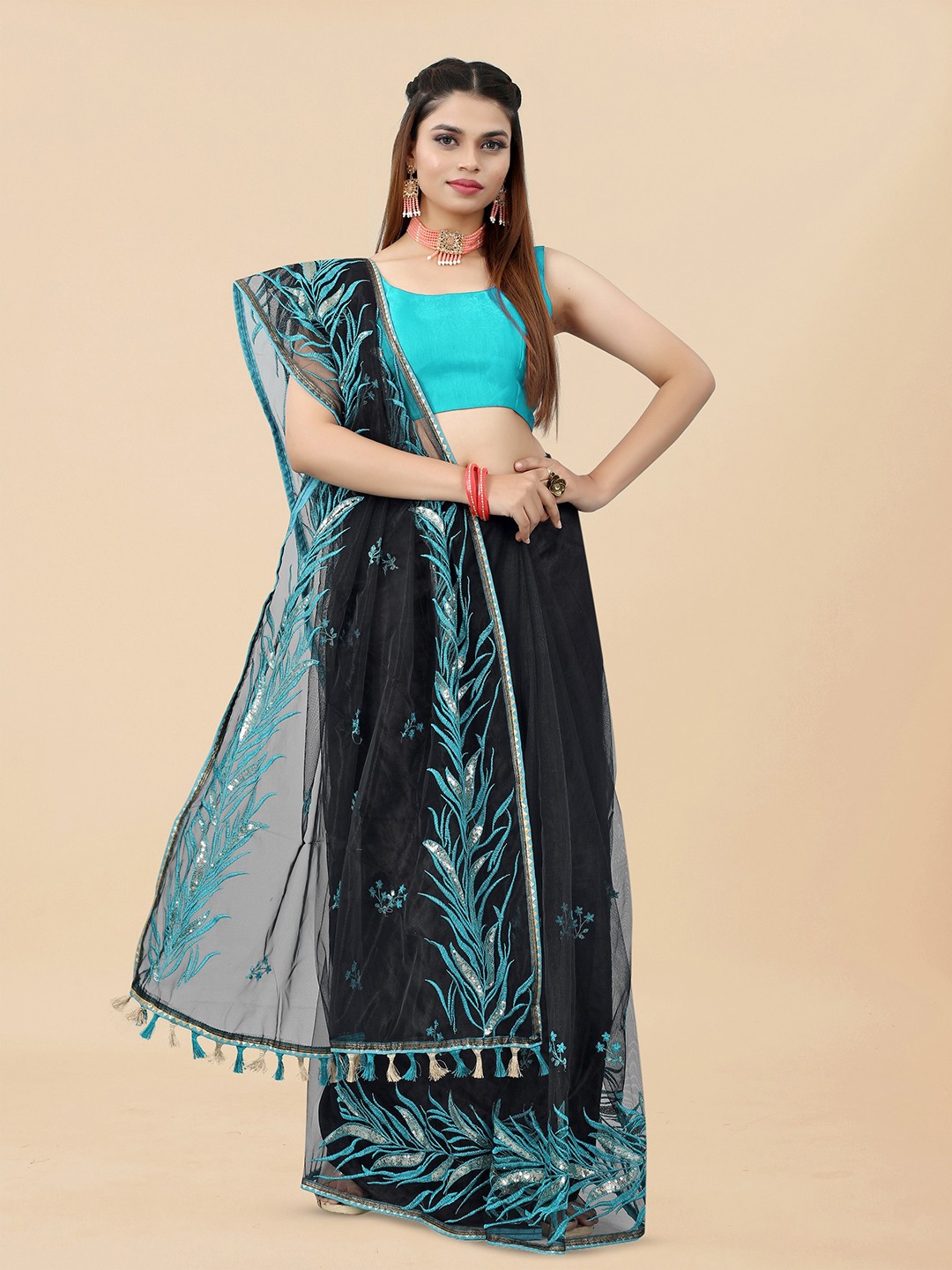 

BARKIYA CREATION Floral Embroidered Sequinned Net Saree, Black