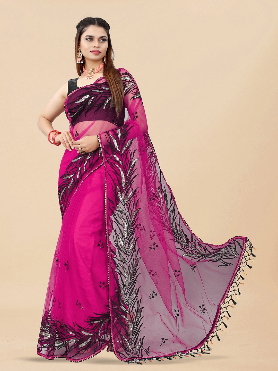 

BARKIYA CREATION Floral Embroidered Sequinned Net Saree, Pink