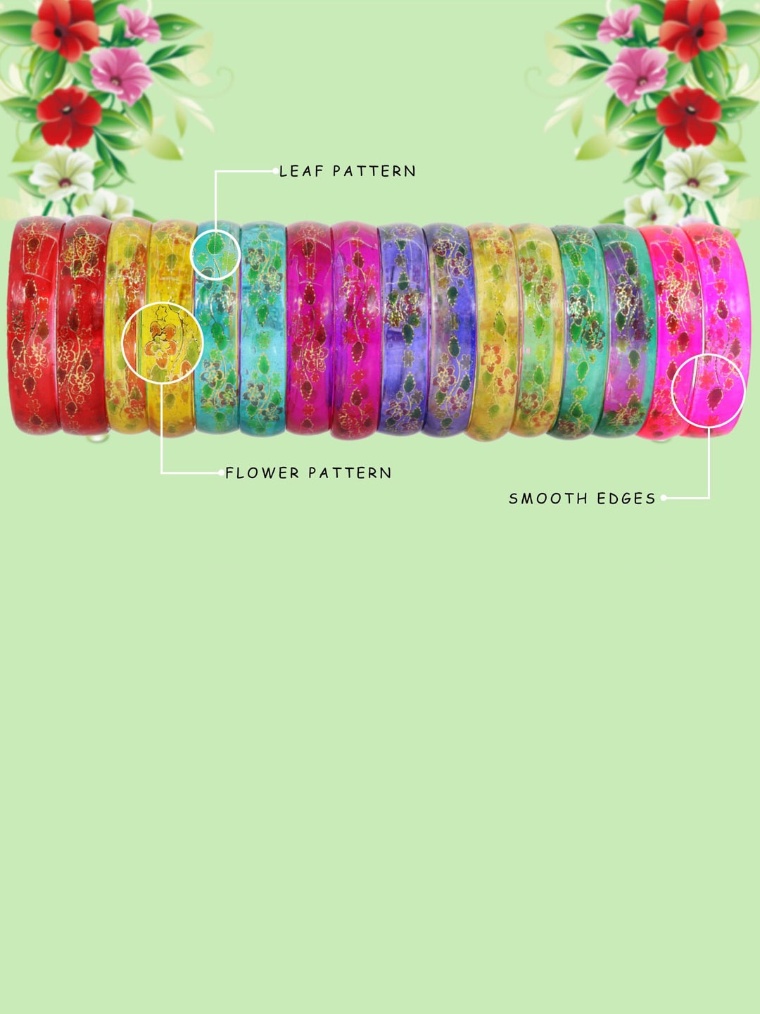 

NMII Set Of 16 Floral Printed Glass Bangles, Red