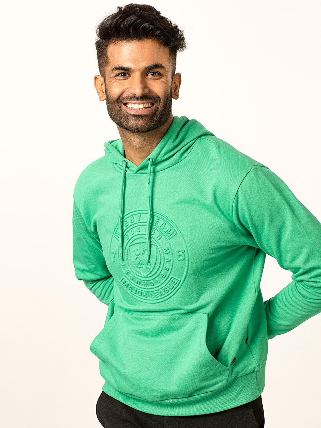 

harbour 9 Men Typography Printed Cotton Hooded Pullover, Green