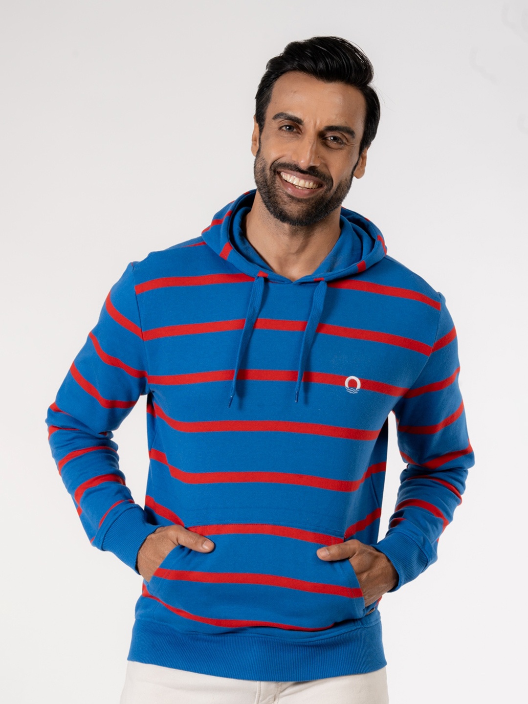 

harbour 9 Striped Hooded Cotton Sweatshirt, Blue