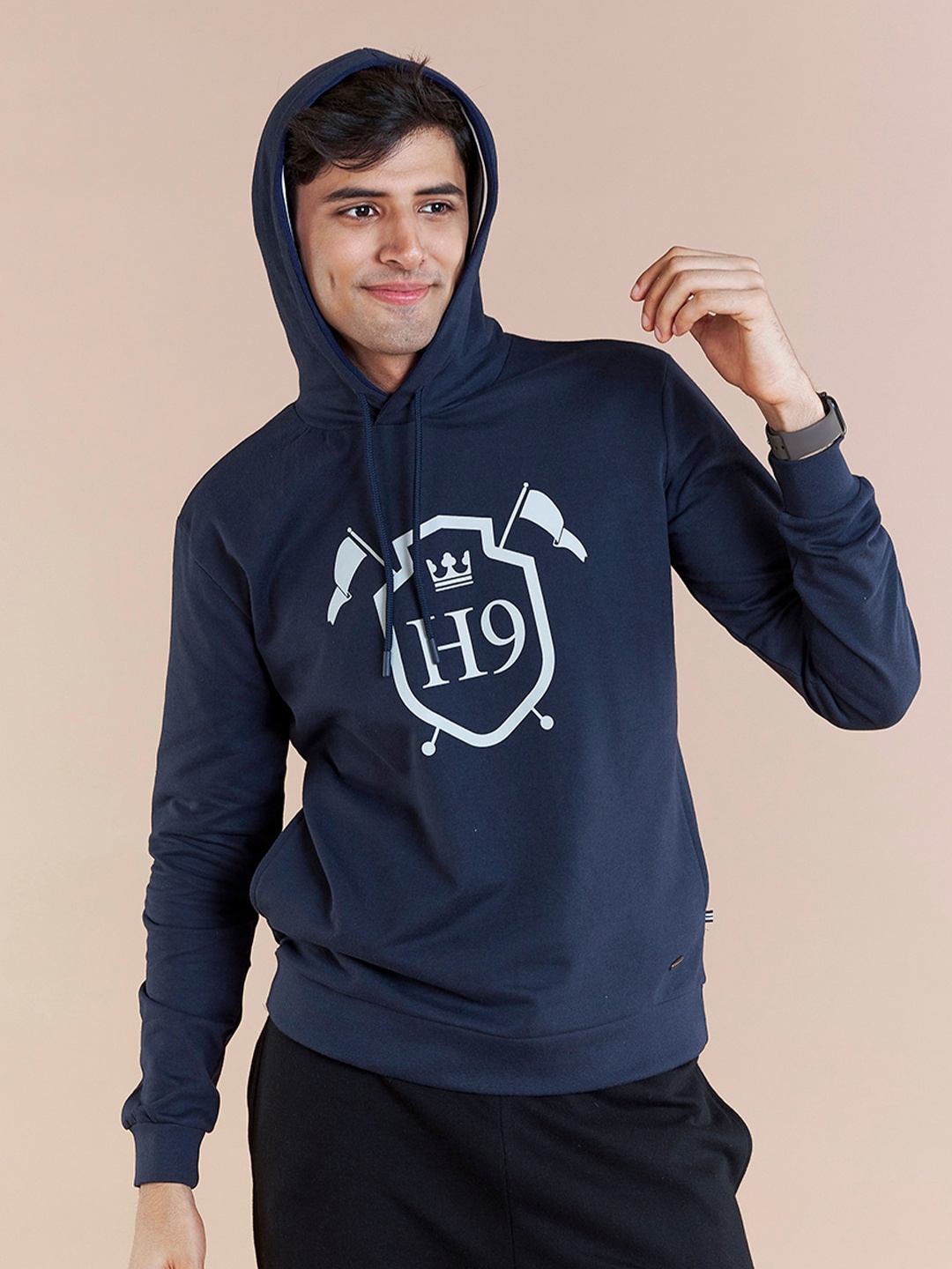 

harbour 9 Graphic Printed Hooded Neck Long Sleeve Cotton Pullover Sweatshirt, Navy blue