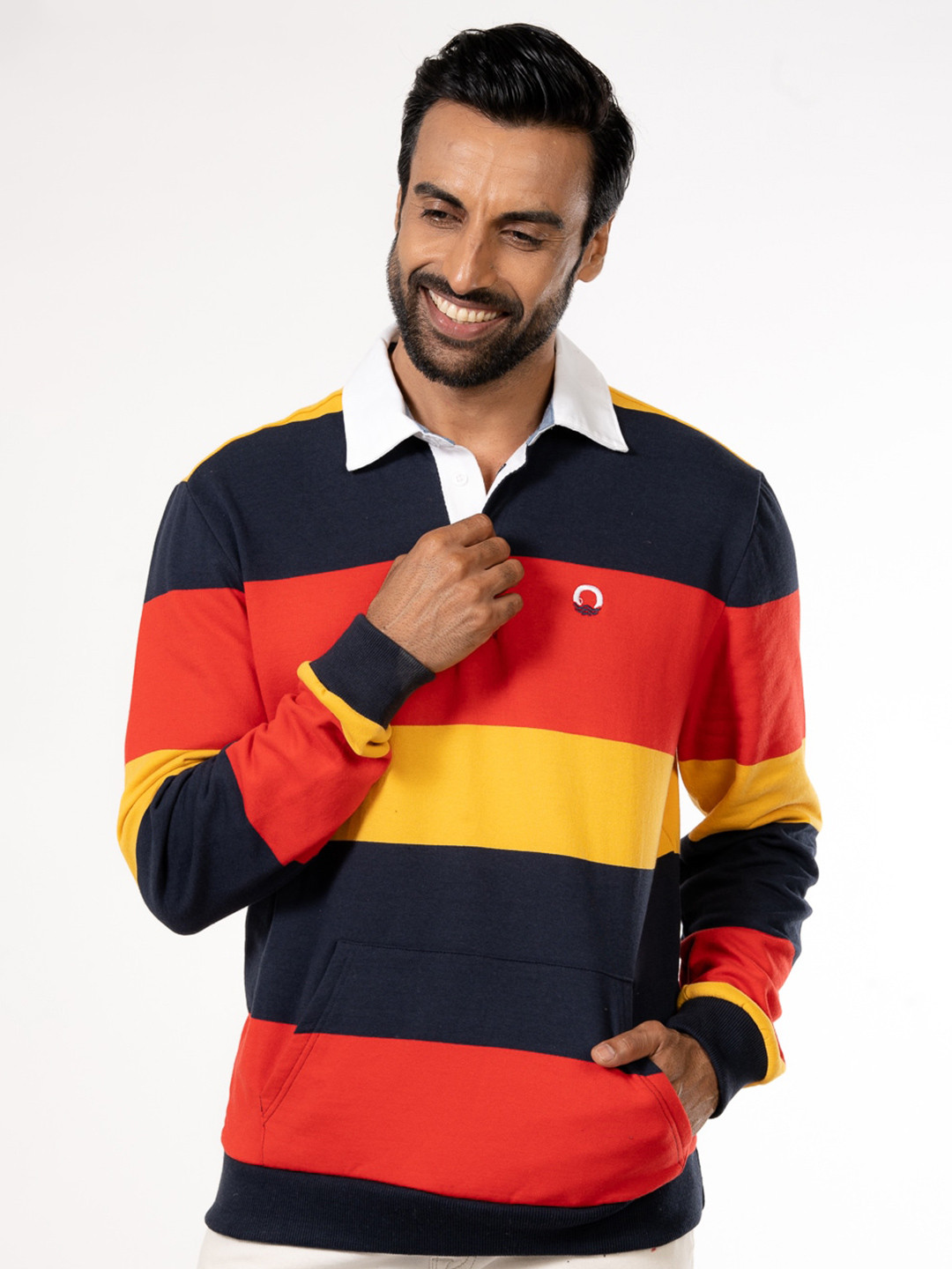 

harbour 9 Striped Shirt Collar Cotton Sweatshirt, Red