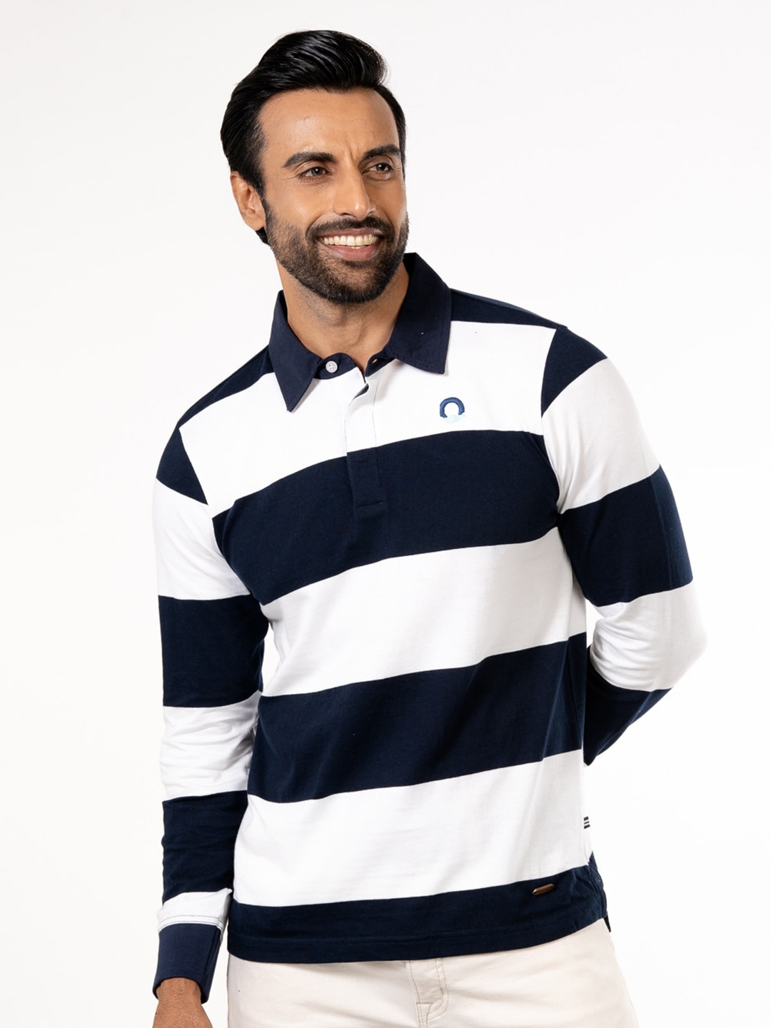 

harbour 9 Striped Shirt Collar Cotton Sweatshirt, Navy blue